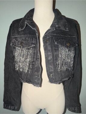 Allegra K Black Denim cropped fringe Jacket